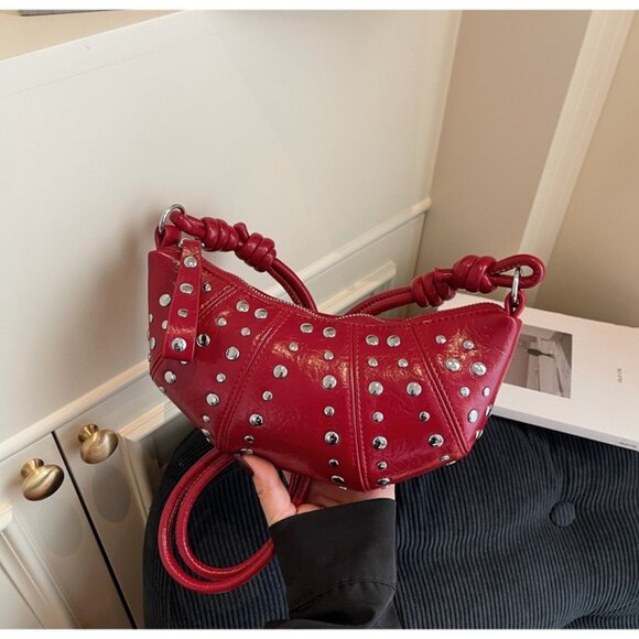 Red Micro Studded Hobo Bag with Knot Handles - Picture 7 of 10